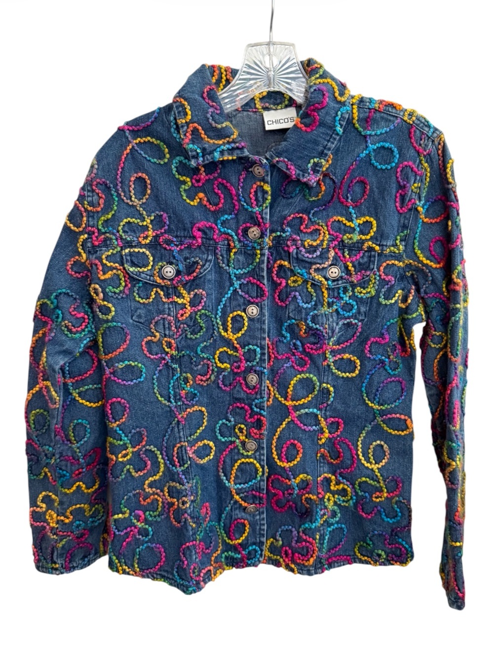 Chico's Denim Jacket Rainbow Embroidered Ribbon Button Front Boho Art M